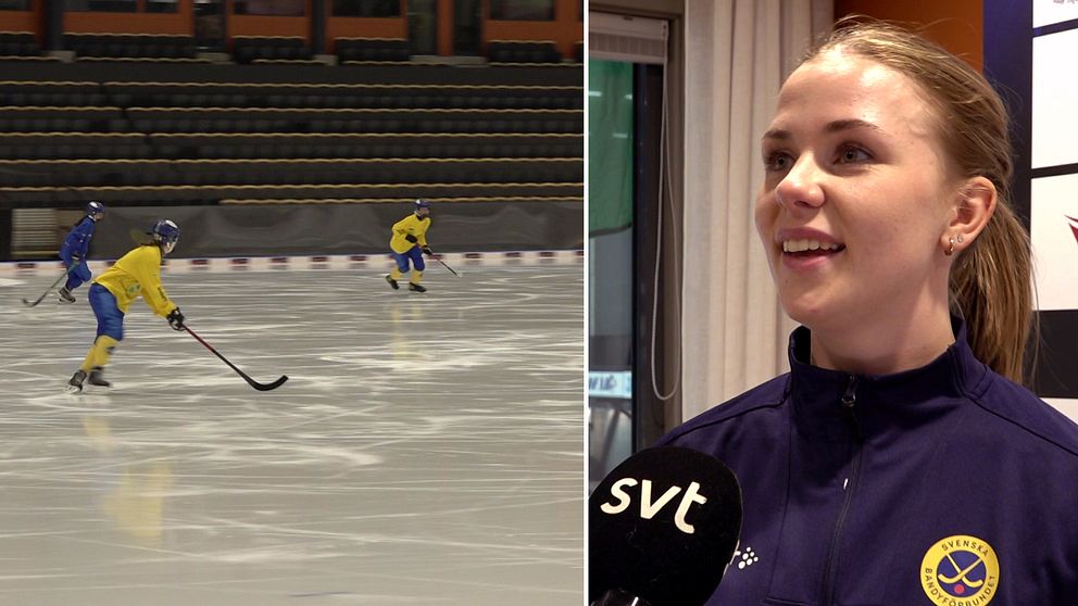 Tudelad bild. Till vänster: bandyspelare på is. Till höger: Agnes Ögren intervjuas av SVT.