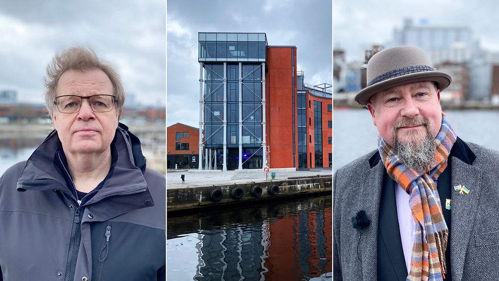 Tredelad bild på dels Per-Ola Mattsson (S), en husfasad vid havet och Magnus Gärdebring (M).