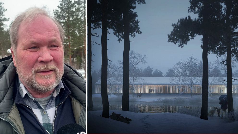 Dag Raaberg, direktör för Norsk skogsfinsk museum, tillsammans med en visionsbild av museet