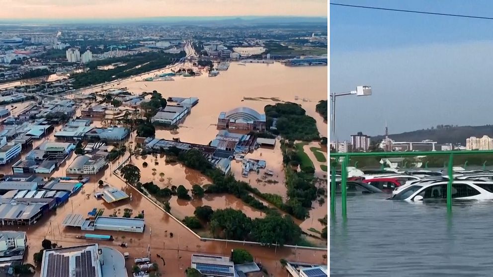 Översvämmad stad och bilar under vatten.
