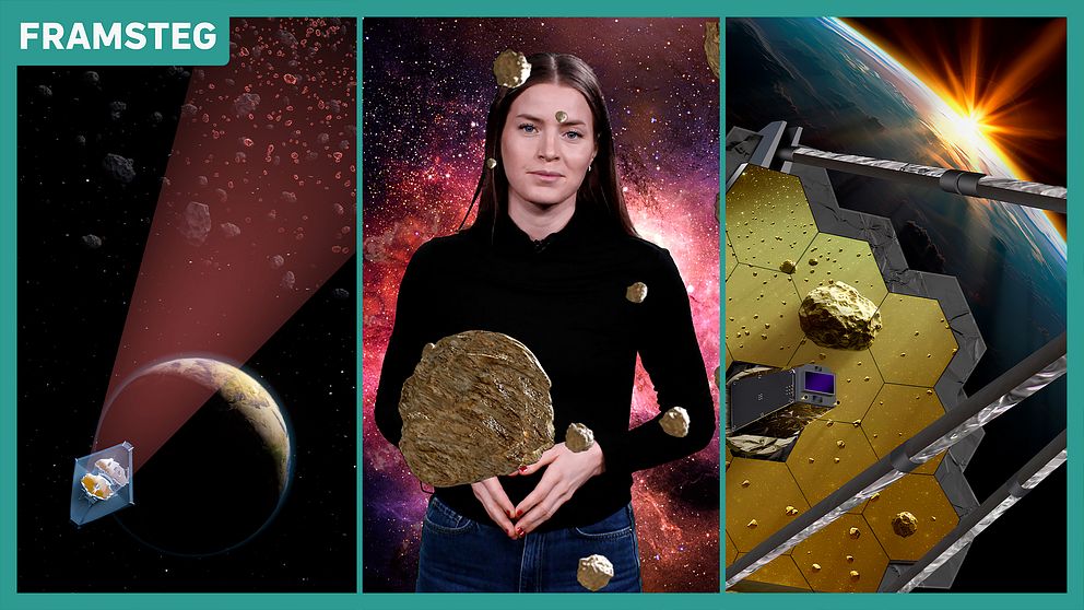 En delad bild som visar tre sektioner: Den vänstra delen visar en planet i rymden med en liten satellit och en asteroid i närheten. Den mellersta sektionen föreställer en person som håller en stor asteroid, med en stjärnbakgrund. Den högra delen visar den kommande rymdteleskopet James Webb som observerar en galax i rymden, med solstrålar som syns i bakgrunden.