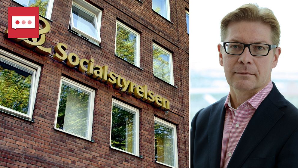 En fasad på Socialstyrelsens huvudkontor med myndighetens logga i guld. Till höger utredare Peter Salmi som tittat närmare på psykisk ohälsa hos unga och barn,