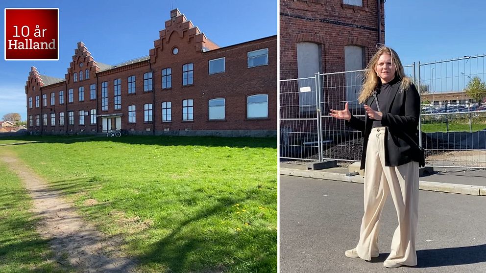 Tudelad bild. Vänster: röd tegelbyggnad. Höger: kvinna står vid byggstängsel utomhus.