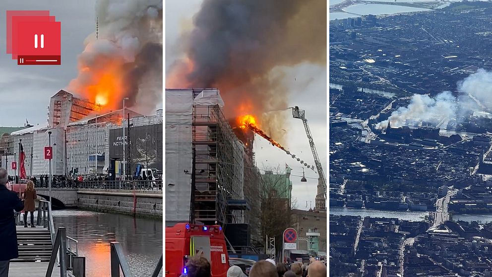 Tre bilder av branden i Börshuset