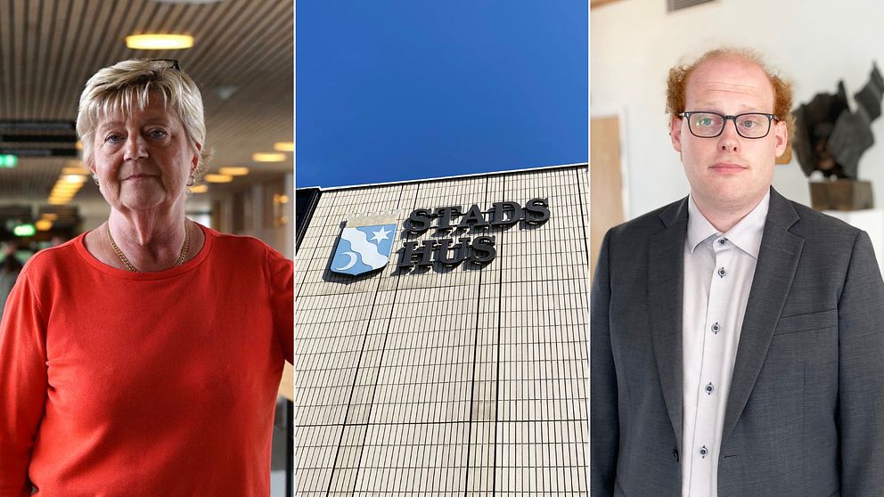 Tredelad bild på moderaten Åsa Evaldsson, Ronnebys stadshus och kommunjuristen Markus Grill.