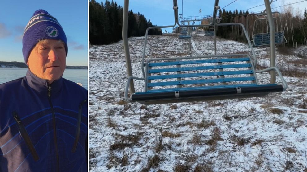 Splitbild på Helmut Grassl och tom skidlift.