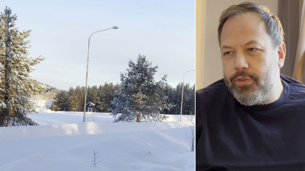 Splitbild med ett snöigt landskap och en man.