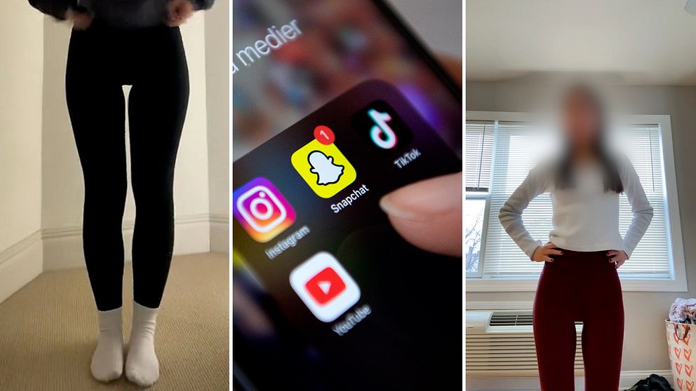 Bild på lår till vänster, sociala medier-appar i en mobil i mitten och en tjej till höger som syns från knäna upp.
