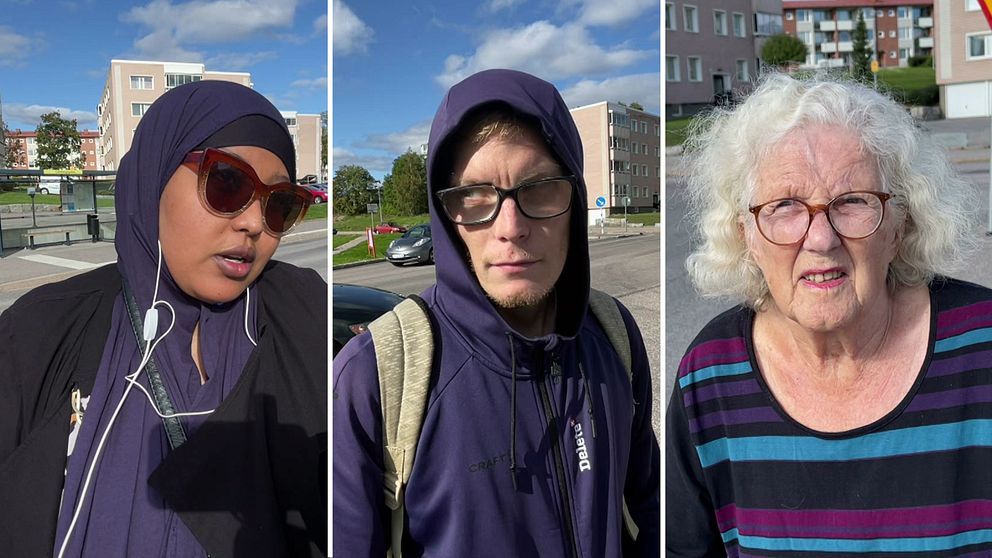 Tre bilder på personer på gatan i Sundsvall: Till vänster: Ung kvinna med slöja och solglasögon. I mitten: Ung man  med huvtröja och glasögon. Till höger: Äldre kvinna med vitt hår och glasögon.