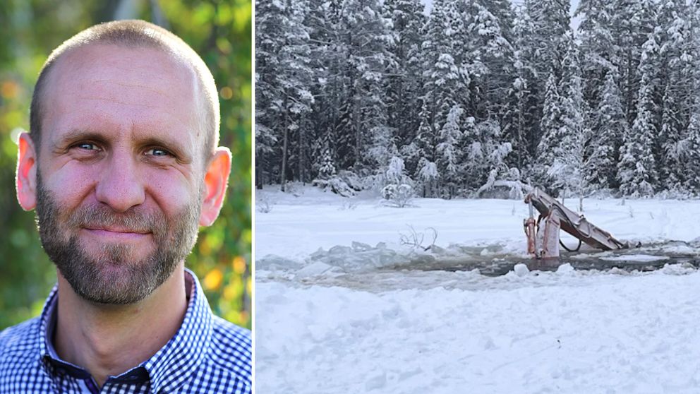 Till höger i bild syns Karl Olsson, produktionschef SCA, han står utomhus i sommarväder. Till höger syns en bild från olyckan utanför Solberg i Örnsköldsvik, där ser man en maskin som ligger i vattnet.