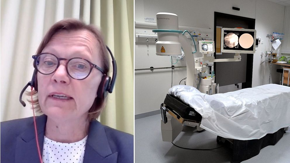 En bild på Kaarina Sundelin, hälso- och sjukvårdsproduktionsdirektör i Västra Götalandsregionen och en bild på en sjukhussäng.