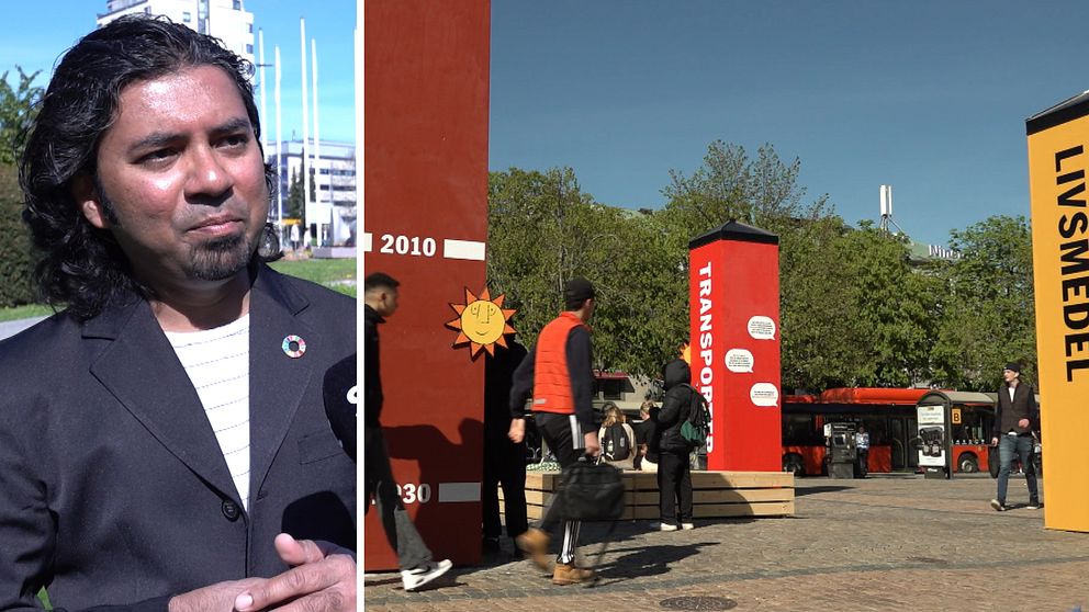 Splitbild med miljöforskaren Avit Bhowmik till vänster och de fyra pelarna på stora torget till höger