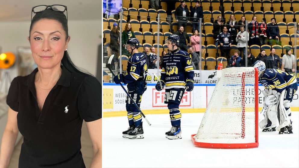 Delad bild. Till vänster: Alexandra Engvall som är mental coach i svart tröja. Till höger: ishockeyspelare vid målbur.