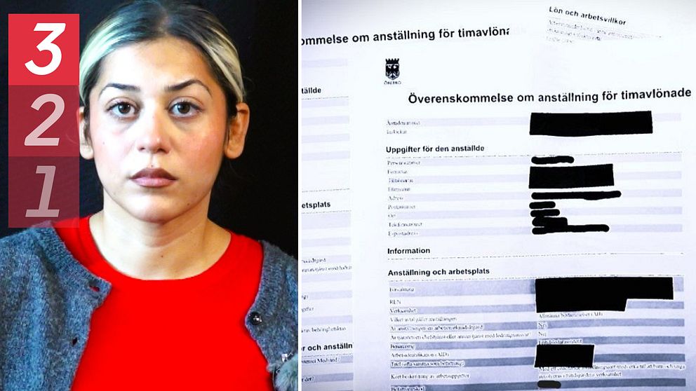 Bildens vänstra sida visar SVT:s reporter i en grå jacka med röd tröja. På höger sida finns ett dokument.