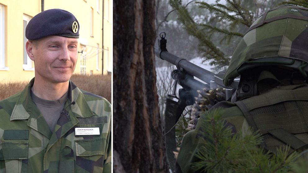 splitbild med militär till vänster och skjutande kulspruta till höger