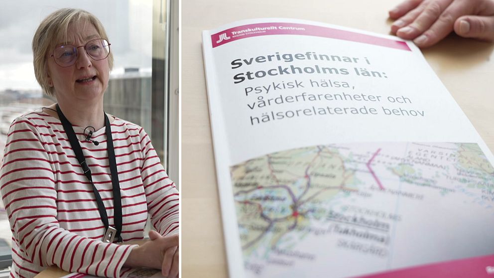Bild på psykologen Mona Lindqvist och rapport om sverigefinnars hälsa i Stockholms län
