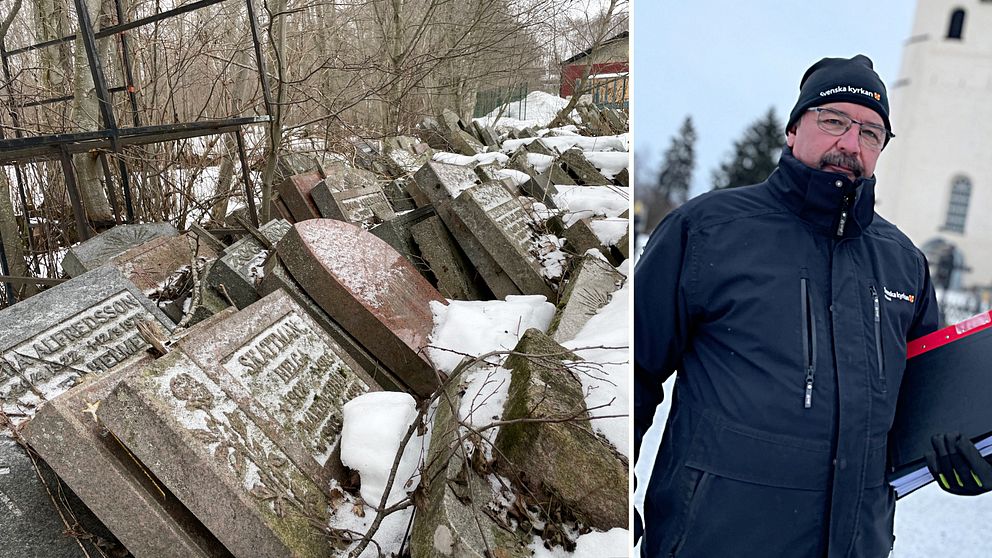 gravstenar står på rad, man står framför kyrka i Borlänge
