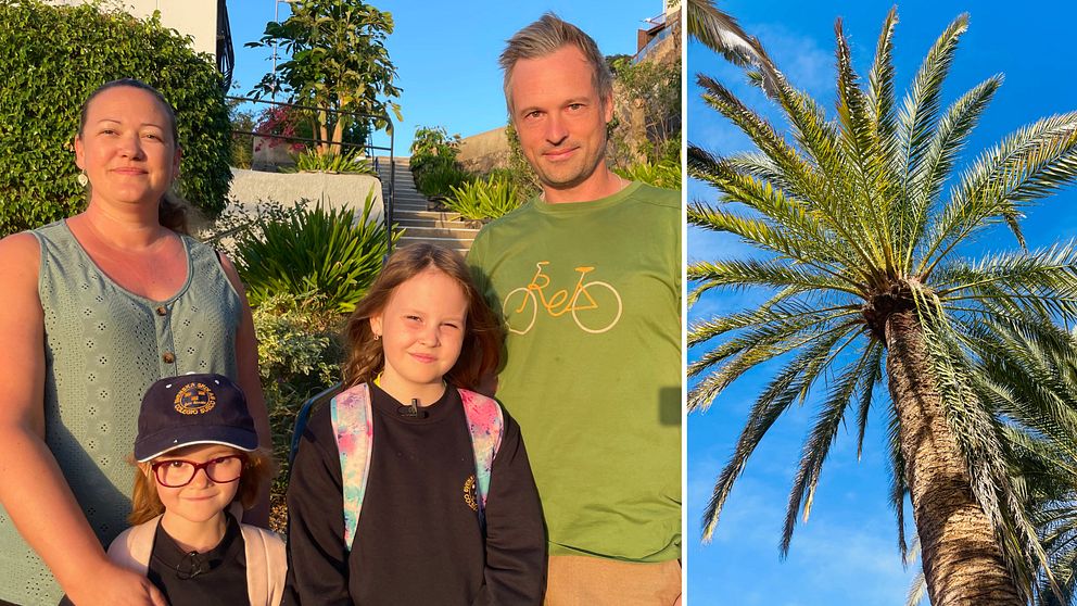 Familj står vid en trappa i Spanien med palm bredvid