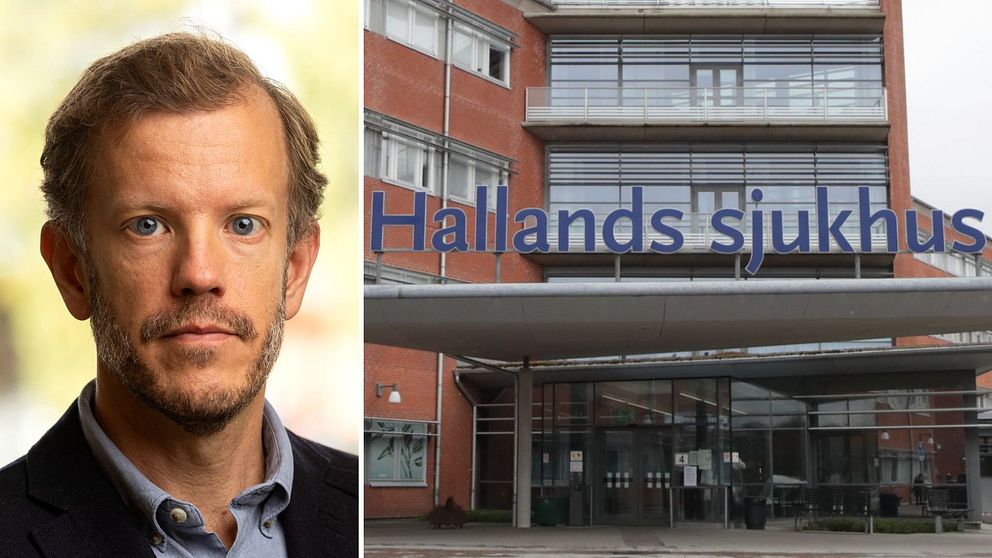 Dubbelbild: porträtt på chefsläkare Anders Åkvist / hallands sjukhus logga över sjukhusentrén