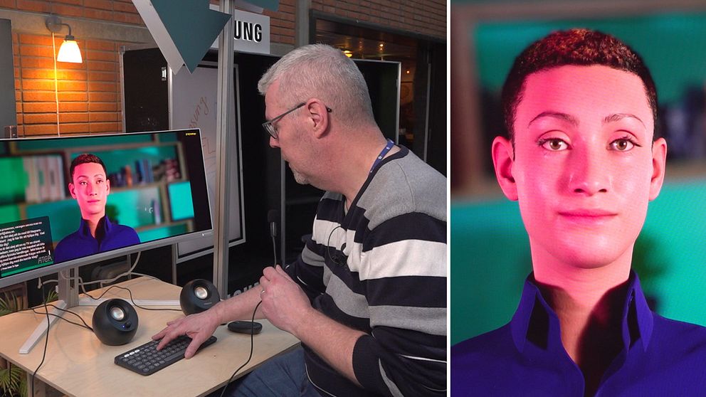SVT:s reporter Fredrik Lundmark tittar på en datorskärm med en AI person på.