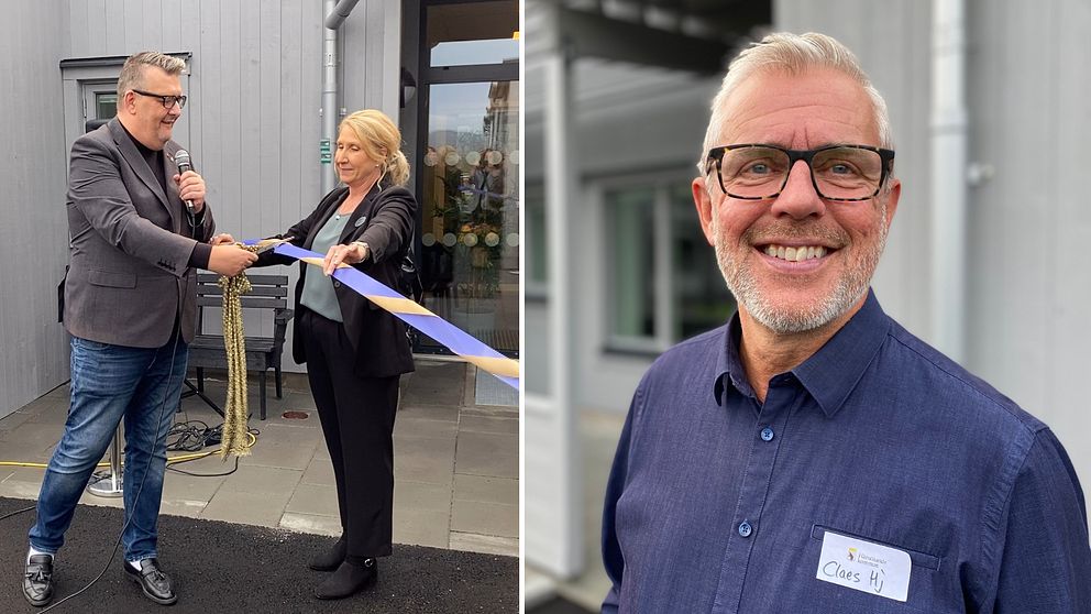 Krister Mc Carthy (S) Socialnämndens ordförande klipper band. Claes HJ Lindberg, rehabiliteringskonsulent.