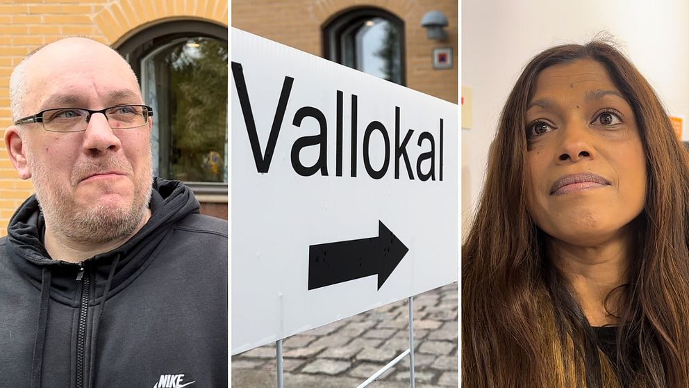 Tresplitbild. Till höger och vänster i bild: valdeltagare i folkomröstningen kring vindkraft i Söderhamn.  I mitten: Vallokalsskyllt