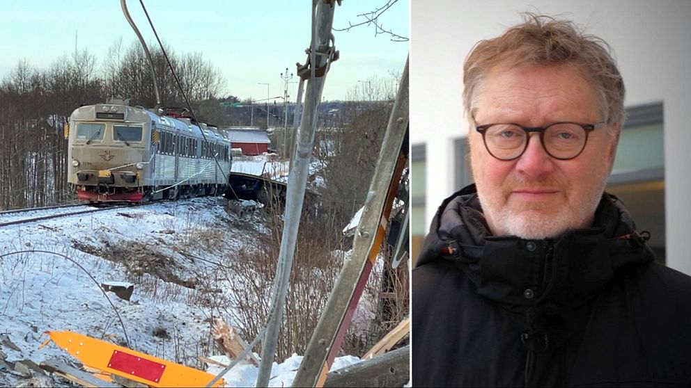 Till vänster: Kraschat tåg står stilla på räls. Till höger: enhetschef Morgon Rehn, Trafikverket.