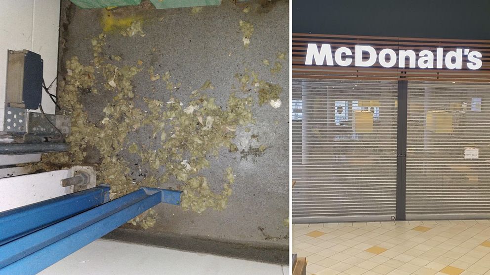 skräp på golvet i ett soprum, och neddragna jalusi-gardiner framför McDonalds entré i köpcentret.