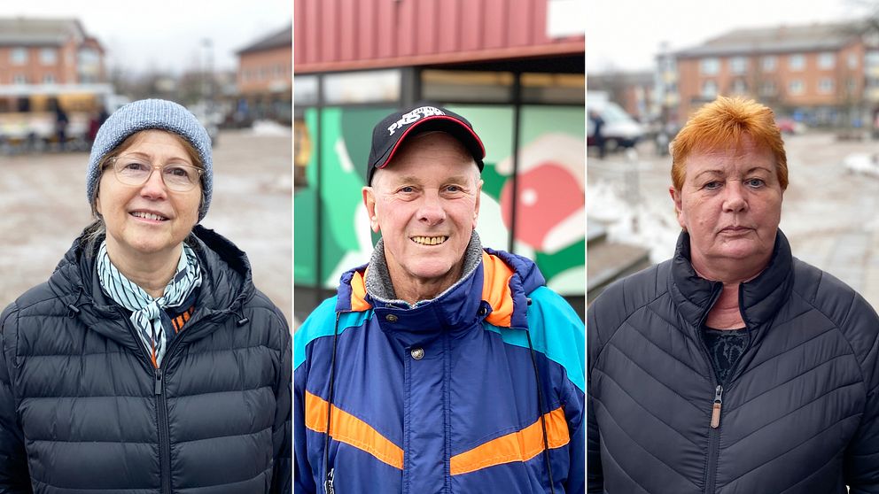 Tredelad bild på tre personer framför Nya torget i Olofström.