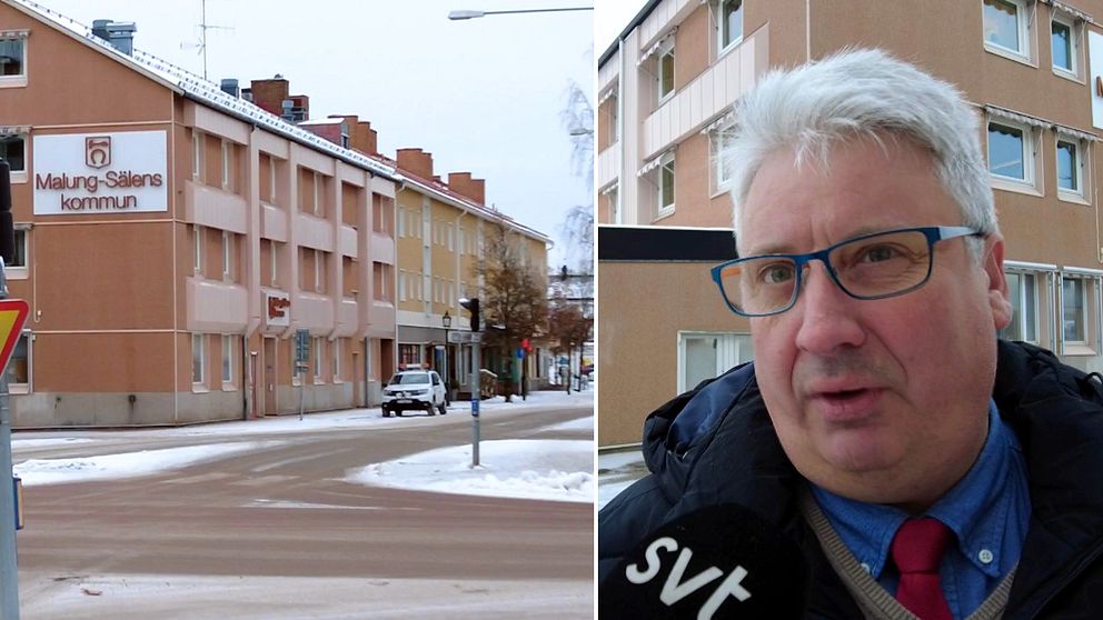 Bild på kommunhuset i Malung-Sälen och kommunalrådet Hans Unander (S).