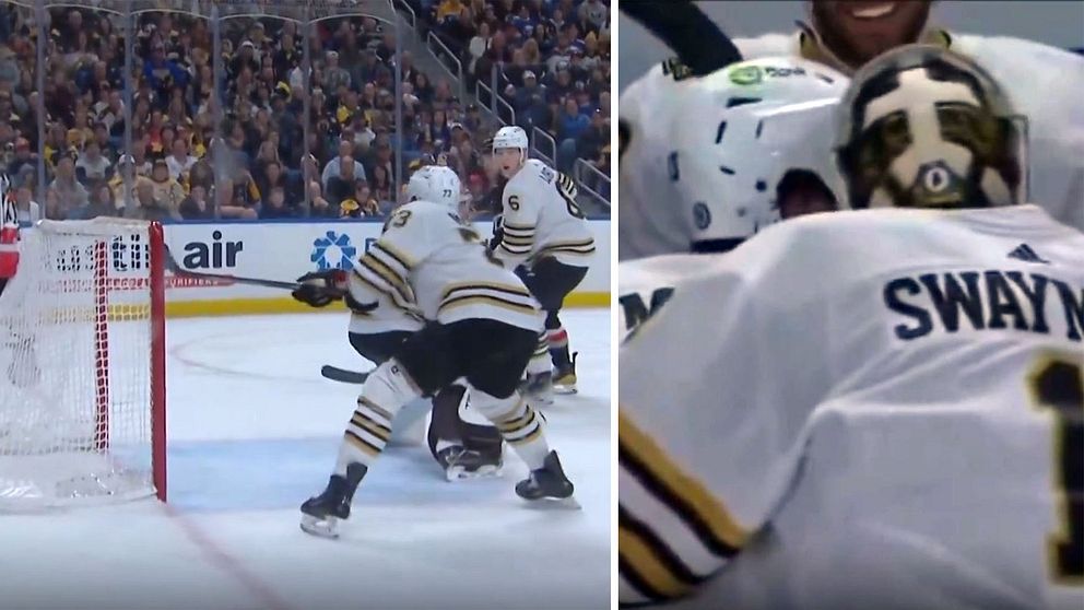 Charlie McAvoy tackas för jätteräddningen.