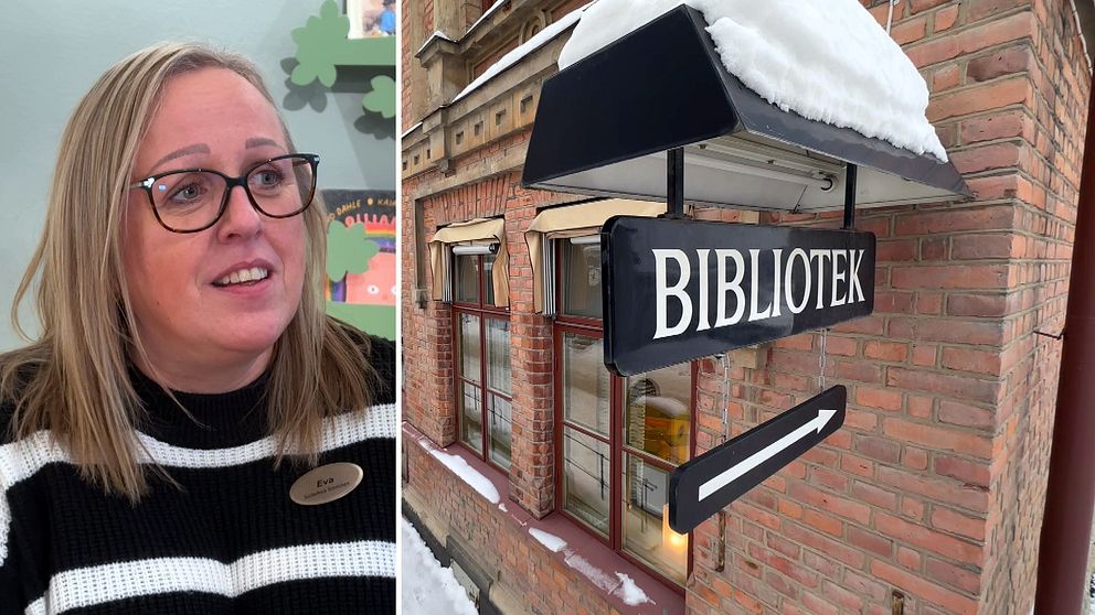 Bibliotekschefen i Sollefteå, Eva Mårtensson och en bild på biblioteksskylten som sitter på fasaden till biblioteket i Sollefteå.