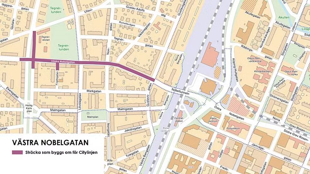 Karta över Västra Nobelgatan, som visar det avsnitt som byggs om för Citylinjen. Den lila linjen markerar den aktuella byggsträckningen, omgiven av en detaljerad stadsplan som inkluderar gator och byggnader.