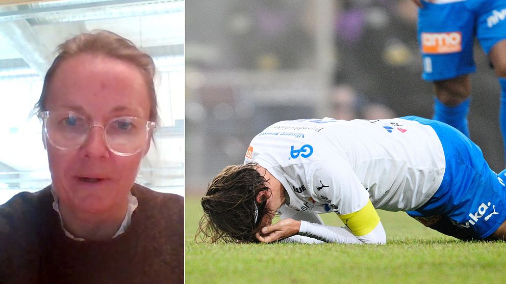 Delad bild. Till höger: en fotbollsspelare ligger ner på planen. Till vänster, en porträttbild av en kvinna