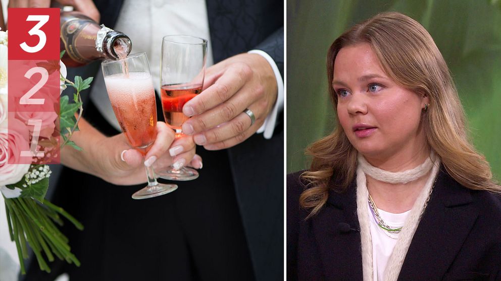 Delad bild. Till vänster hälls champagne upp vid ett bröllop, till höger en kvinna i kavaj.