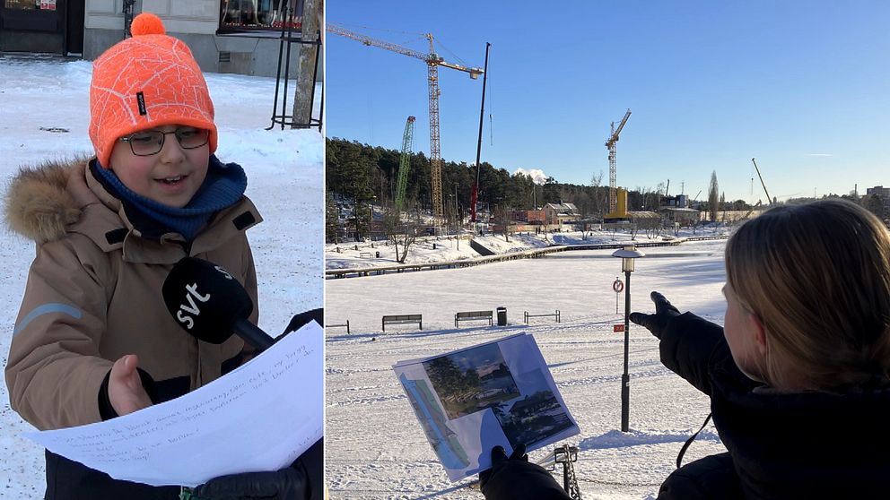 Ett barn pekar på en bild och reporter blickar ut över Slussholmen.
