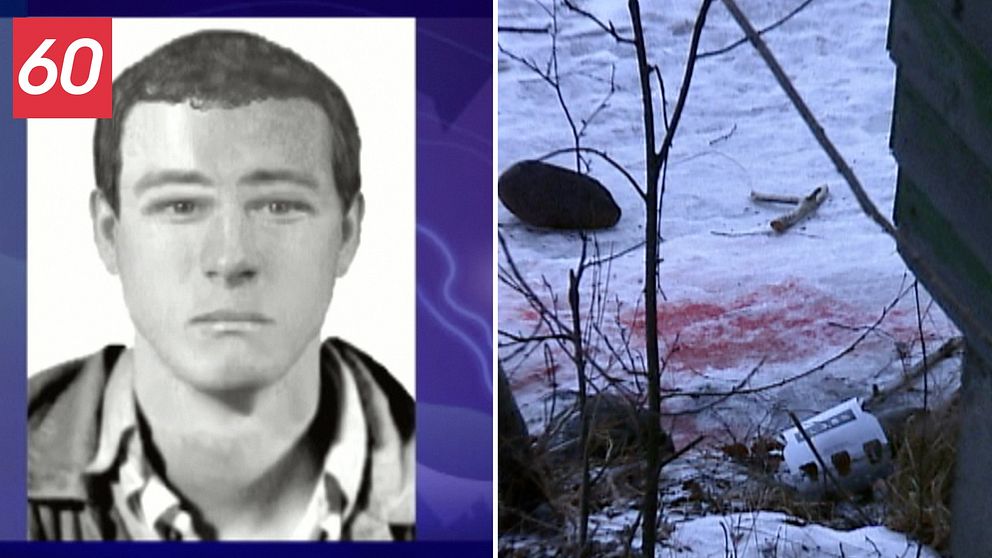 en profilbild från polisen av den misstänkte Hagamannen, och en bild på snöig mark med blodspår efter ett kvinnoöverfall i Umeå