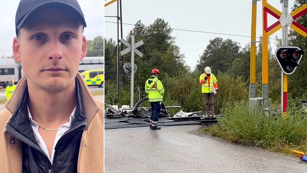 En delad bild som visar en olycksplats vid en järnvägskorsning. Till vänster syns en person som är delvis skymd, medan höger sida visar två räddningspersonal i skyddskläder som arbetar vid en skadad bil på vägen. I bakgrunden finns en grönskande omgivning och ett järnvägssignal med växlingsljus, vilket indikerar en olycka i närheten.