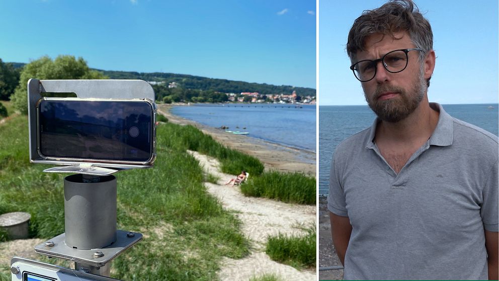 Ett stativ vid stranden i Malen i Båstads kommun som SGI har satt upp för att övervaka stranderosion och Ingemar Lundström som är projektledare vid Båstads kommun.