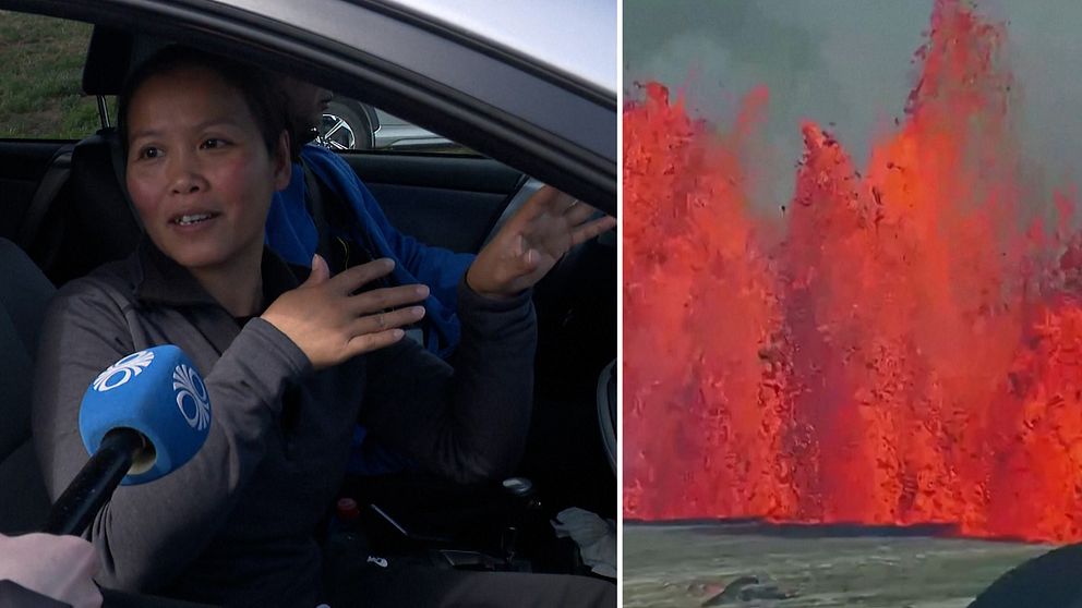 Delad bild, till vänster en kvinna i en bil och till höger närbild på ett vulkanutbrott.