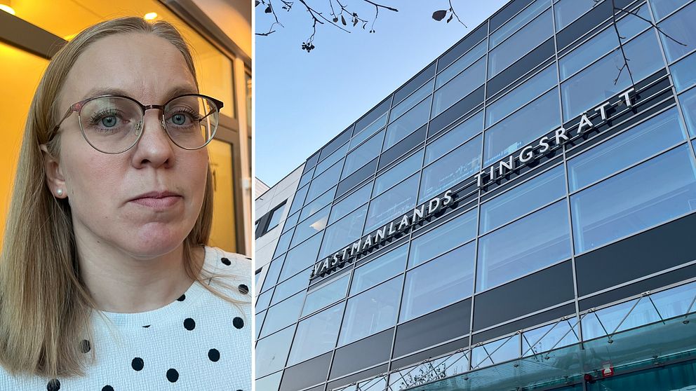 En ung kvinna i glasögon. Vy över Västmanlands tingsrätt.