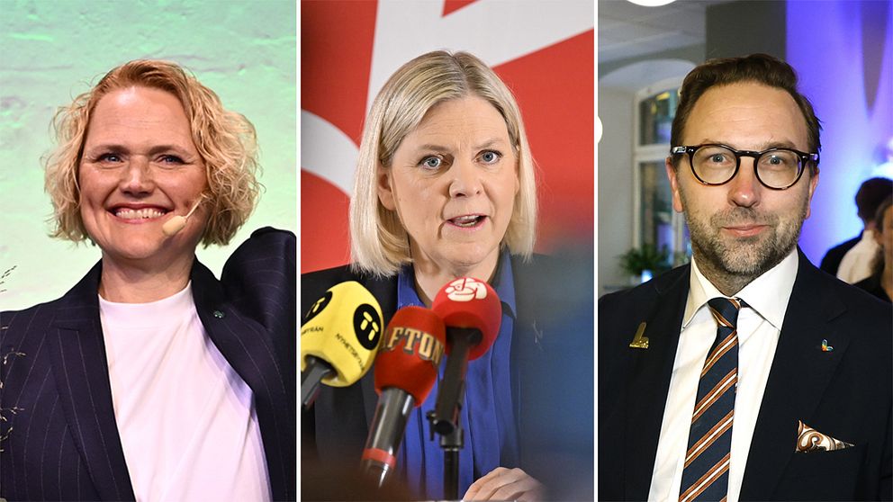 Tredelad bild. Till vänster Anna-Karin Hatt (C), i mitten Magdalena Andersson (S) och till höger Fredrik Malm (L).