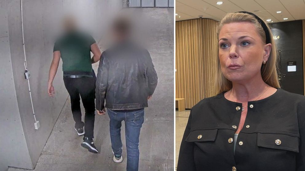 Bildens vänstra sektion visar två personer som går  genom en nedgång i en byggnad, med grå väggar och en enkel belysning, filmat från en övervakningskamera. Den högra sektionen visar en kvinna som står i Lunds tingsrätt framför en vägg med träpanel och moderna inredningsdetaljer, klädd i en svart jacka med knappar.