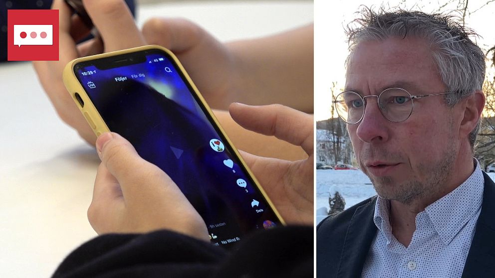 En telefon med sociala medier och åklagaren Jens Göransson.