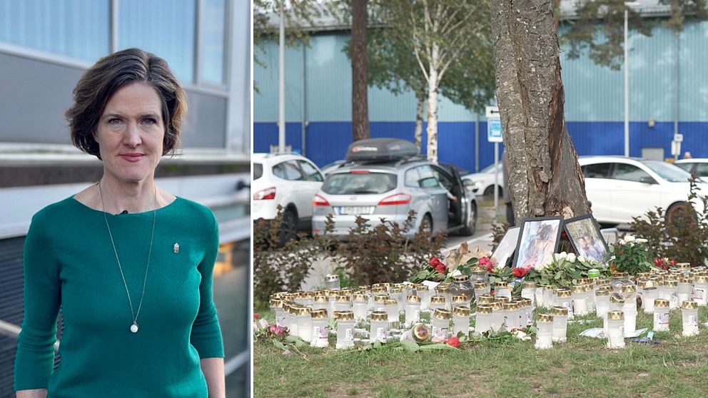 Landshövdingen Anna Kinberg Batra och en bild på gravljus intill ett träd där en ung person sköts till döds vid Mälarhöjdens IP.