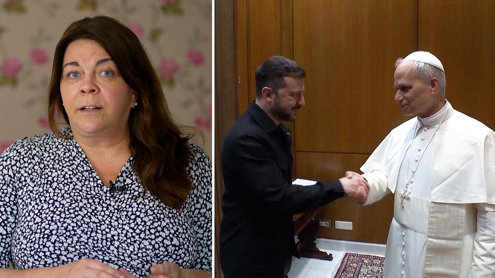 Delad bild. Vänster: person i blommig skjorta. Höger: påve i vitt handskakar med man i kostym.