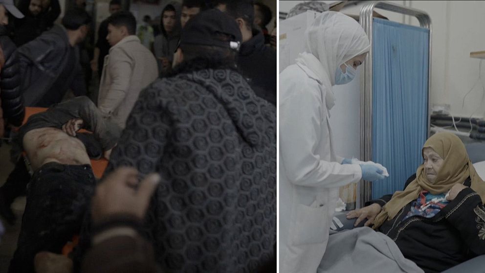 Två bilder. Ena bilden syns en skadad man på orange bår. Den andra bilden syns en äldre kvinna sittandes i en sjukhussäng, samtidigt som hon får hjälp av en kvinna ur sjukhuspersonalen.