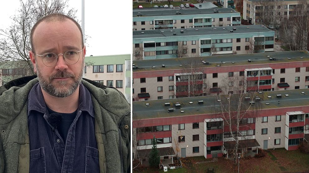 Tvådelad bild på kommunstyrelsens ordförande i Borlänge, Erik Nises, som står utomhus i en grön jacka. Och en del av bostadsområdet Tjärna ängar fotat ovanifrån.