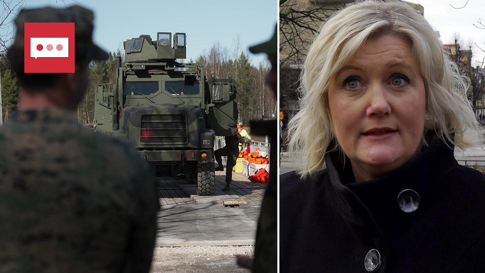 Från vänster: Bild på arméfordon och militärer och Lena Rådström Baastad, civilområdeschef