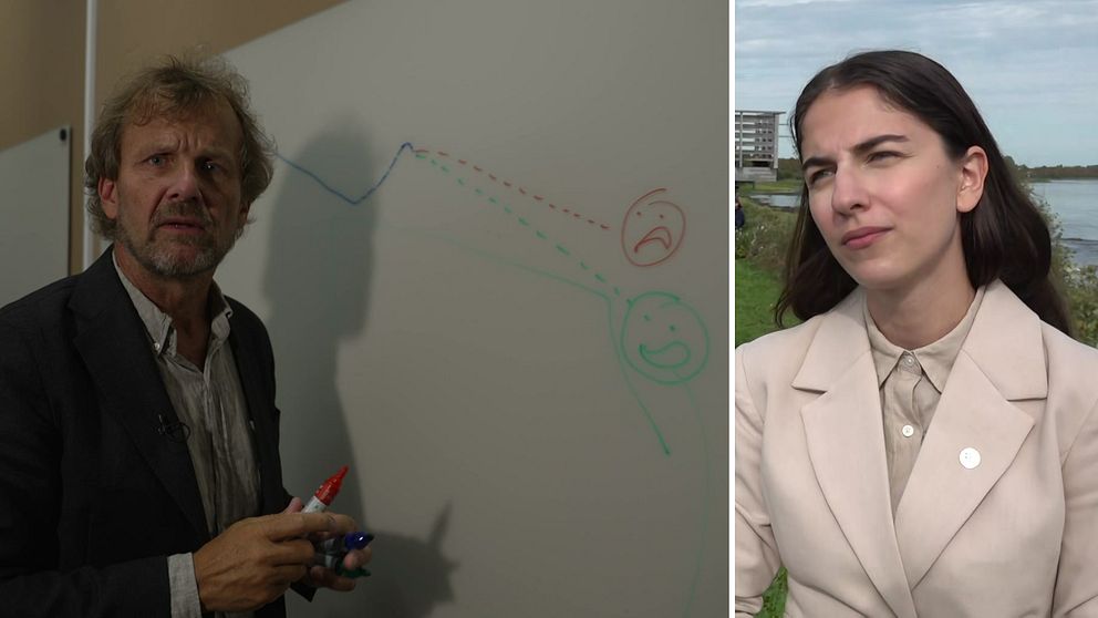 SVT:s reporter framför en whiteboardtavla och klimat- och miljöminister Romina Pourmokhtari (L).